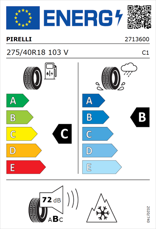 Tyre Label for Pirelli Winter Sottozero 3 275/40R18 103V