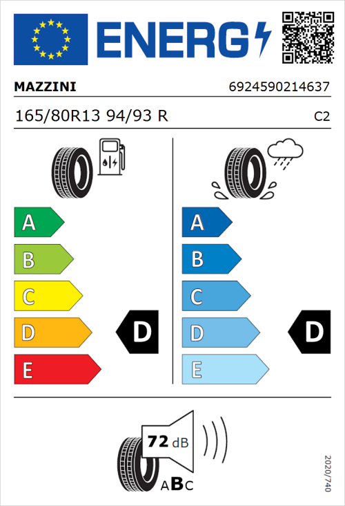 Tyre Label for Mazzini Effivan 165/80R13 94/93R